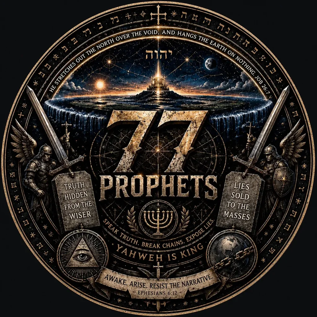 The 77Prophets seal: a gold medallion with the numerals 77 over the word Prophets, a menorah, two winged warriors, and the words Yahweh is King